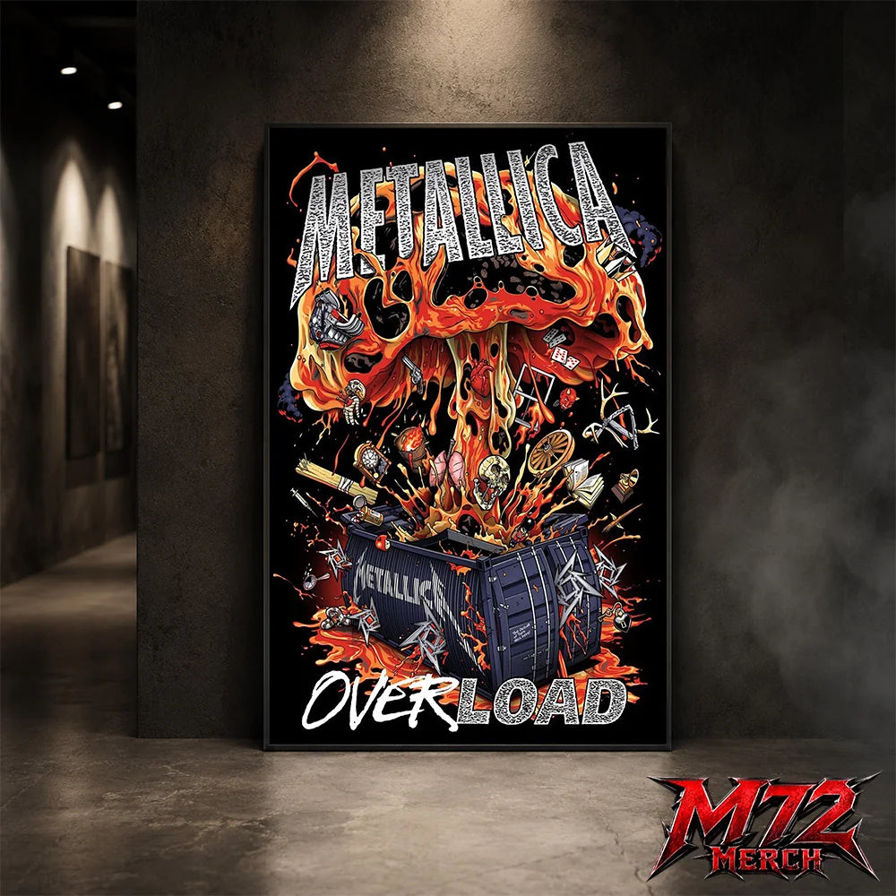 Metallica poster canvas featuring Overload Crate Explosion Artwork with a black crate bursting open, flames, skulls, relics, strange objects, molten energy, and chaotic heavy metal detail
